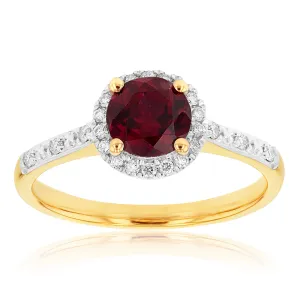 9ct Yellow Gold Created Ruby 1/10 Carat Diamond Halo Ring Shiels