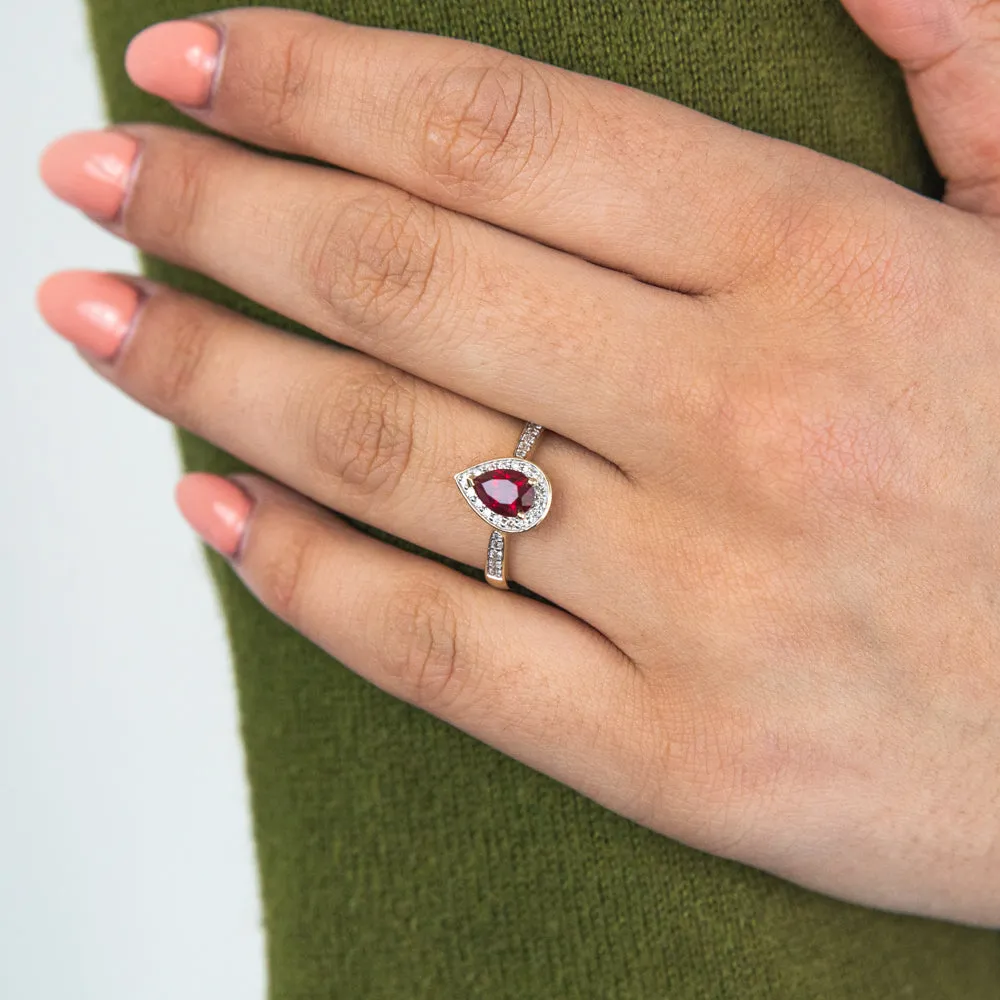 9ct Yellow Gold Created Ruby and 1/5 Carat Diamond Pear Halo Ring Shiels
