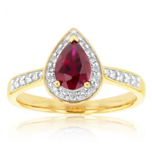 9ct Yellow Gold Created Ruby and 1/5 Carat Diamond Pear Halo Ring Shiels