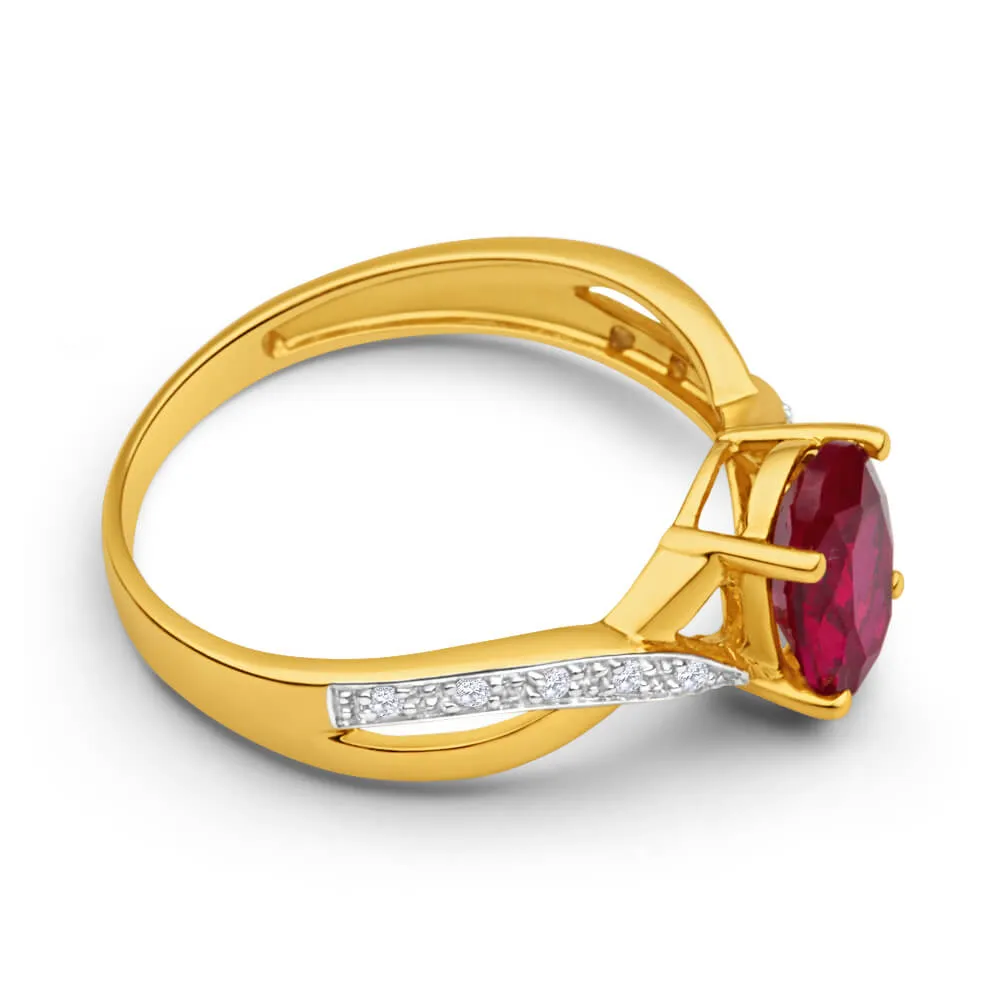 9ct Yellow Gold Created Ruby and Diamond Cross Over Ring Shiels