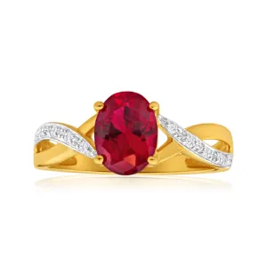 9ct Yellow Gold Created Ruby and Diamond Cross Over Ring Shiels