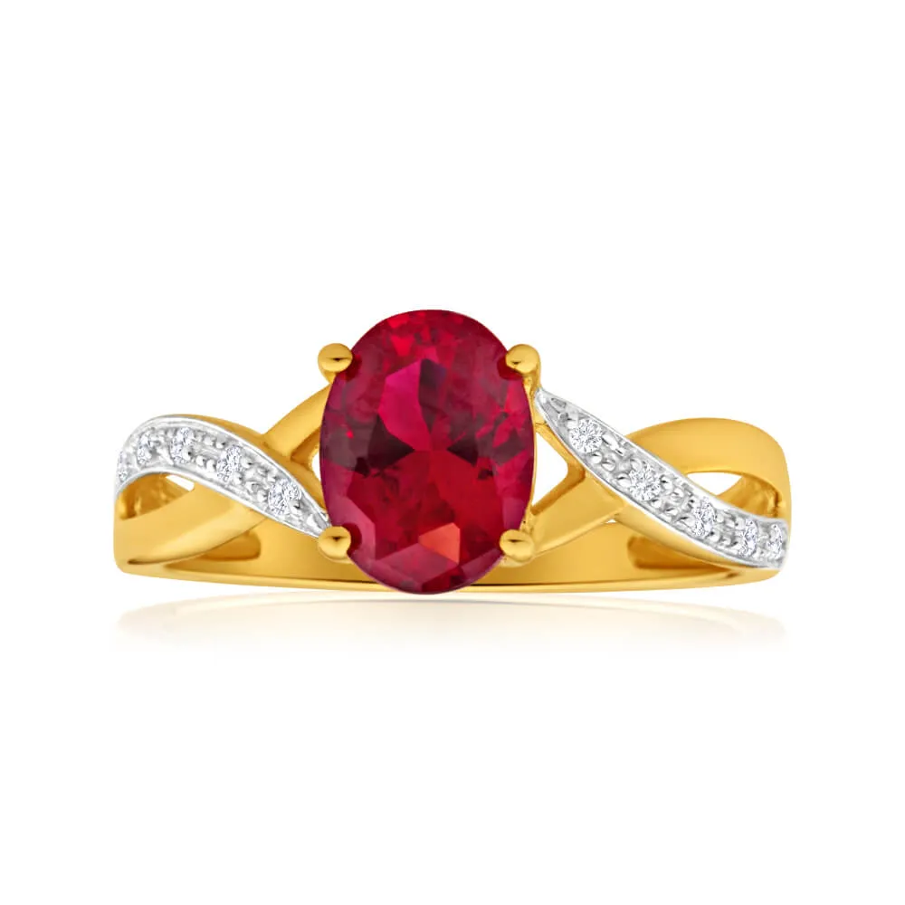 9ct Yellow Gold Created Ruby and Diamond Cross Over Ring Shiels