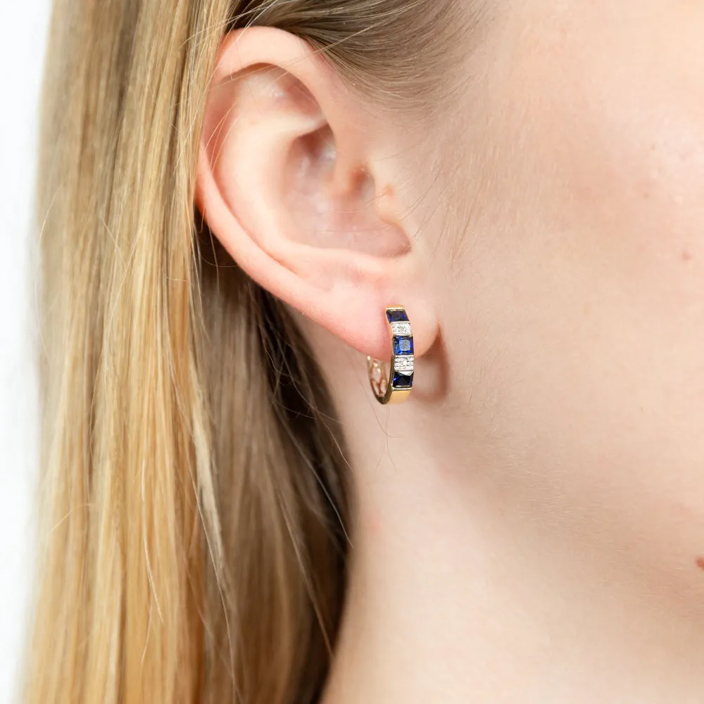 9ct Yellow Gold Created Sapphire and Diamond Hoop Earrings Shiels