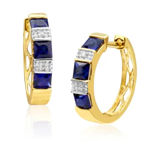 9ct Yellow Gold Created Sapphire and Diamond Hoop Earrings Shiels