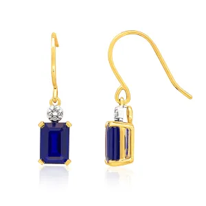 9ct Yellow Gold Created Sapphire Drop Earrings with Diamonds Shiels