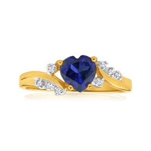 9ct Yellow Gold Created Sapphire Heart   Diamond Ring Shiels