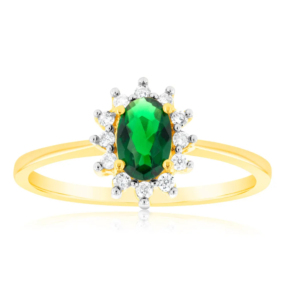 9ct Yellow Gold Diamond And Glass Filled Emerald Ring Shiels