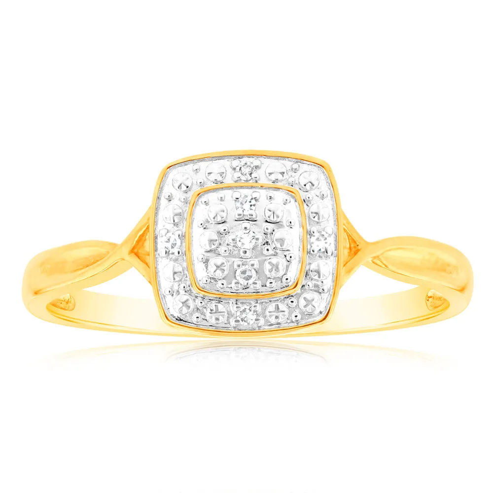 9ct Yellow Gold Diamond Cushion Shape Cluster Ring With 7 Brilliant Cut Diamonds Shiels