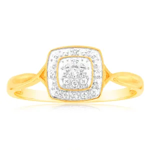 9ct Yellow Gold Diamond Cushion Shape Cluster Ring With 7 Brilliant Cut Diamonds Shiels