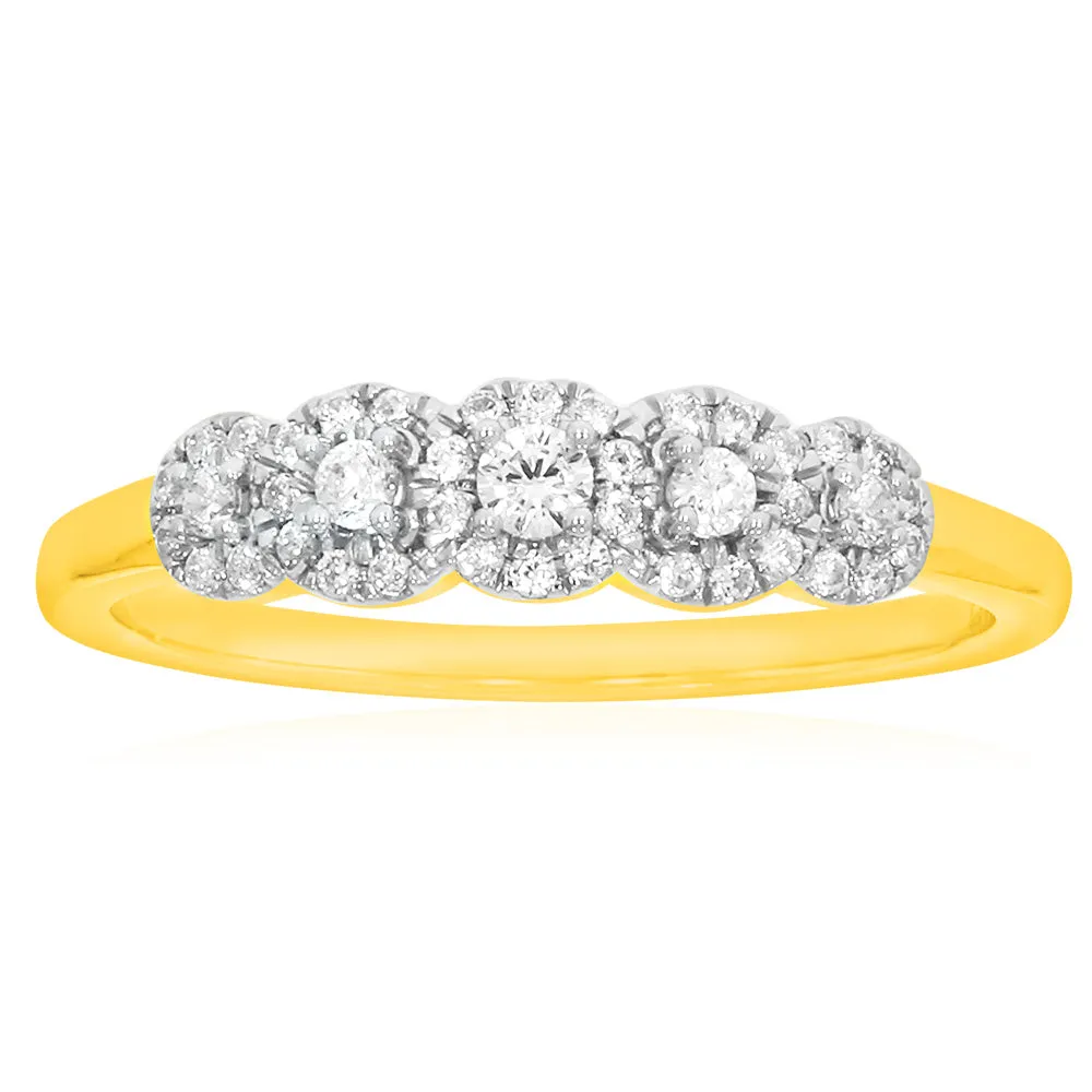 9ct Yellow Gold Diamond Ring with 5 Briliiant Diamonds surrounded by Diamond Halos Shiels
