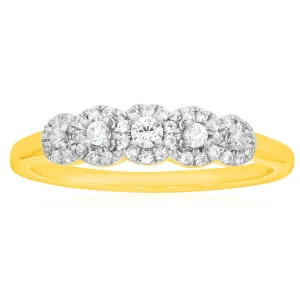 9ct Yellow Gold Diamond Ring with 5 Briliiant Diamonds surrounded by Diamond Halos Shiels
