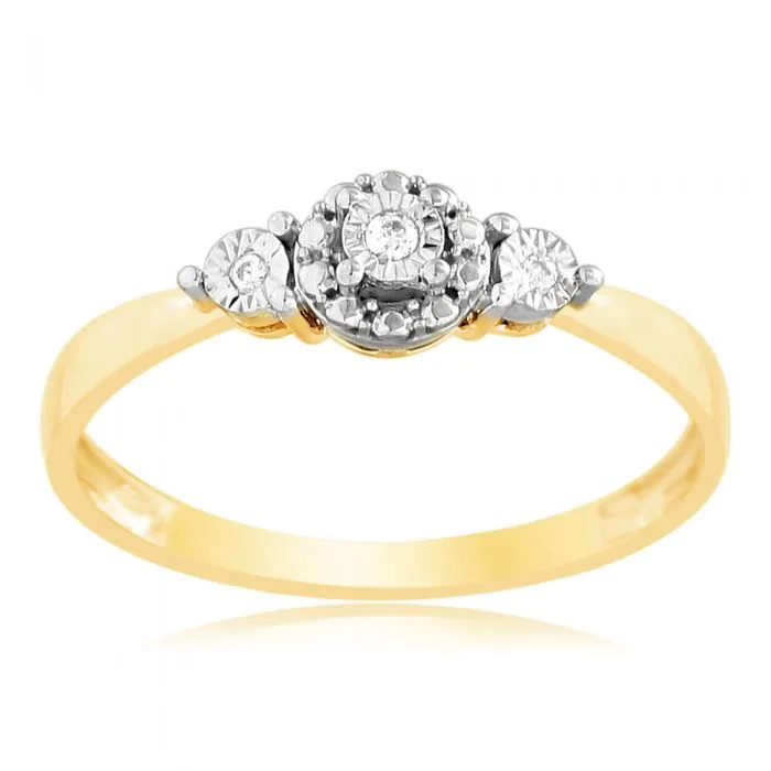 9ct Yellow Gold Diamond Trilogy Ring with 3 Brilliant Diamonds in Disc Setting Shiels