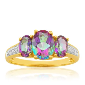 9ct Yellow Gold Enhanced Mystic Topaz Oval Cut & Diamond Trilogy Ring Shiels