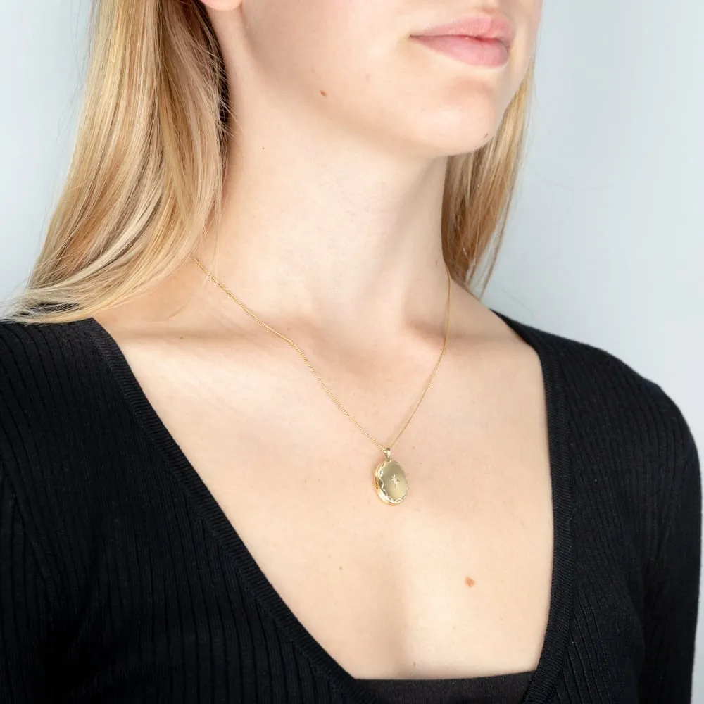 9ct Yellow Gold Etched Oval Locket with .01ct Diamond Shiels