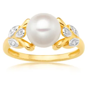 9ct Yellow Gold Freshwater Pearl and Leaf Pattern Diamond Ring Shiels