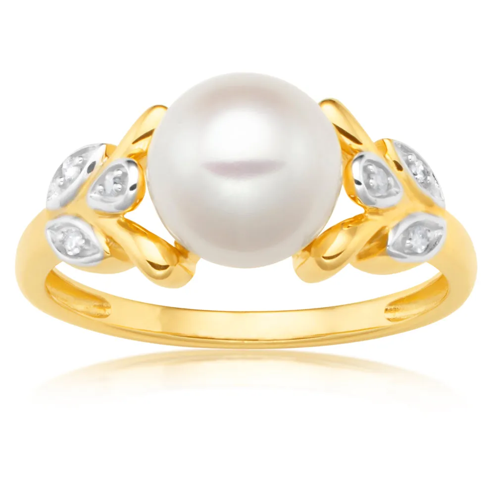 9ct Yellow Gold Freshwater Pearl and Leaf Pattern Diamond Ring Shiels