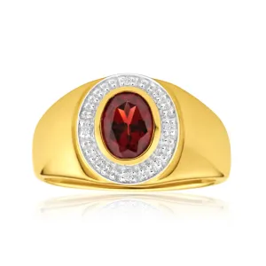 9ct Yellow Gold Garnet and Diamond Gents Ring Shiels