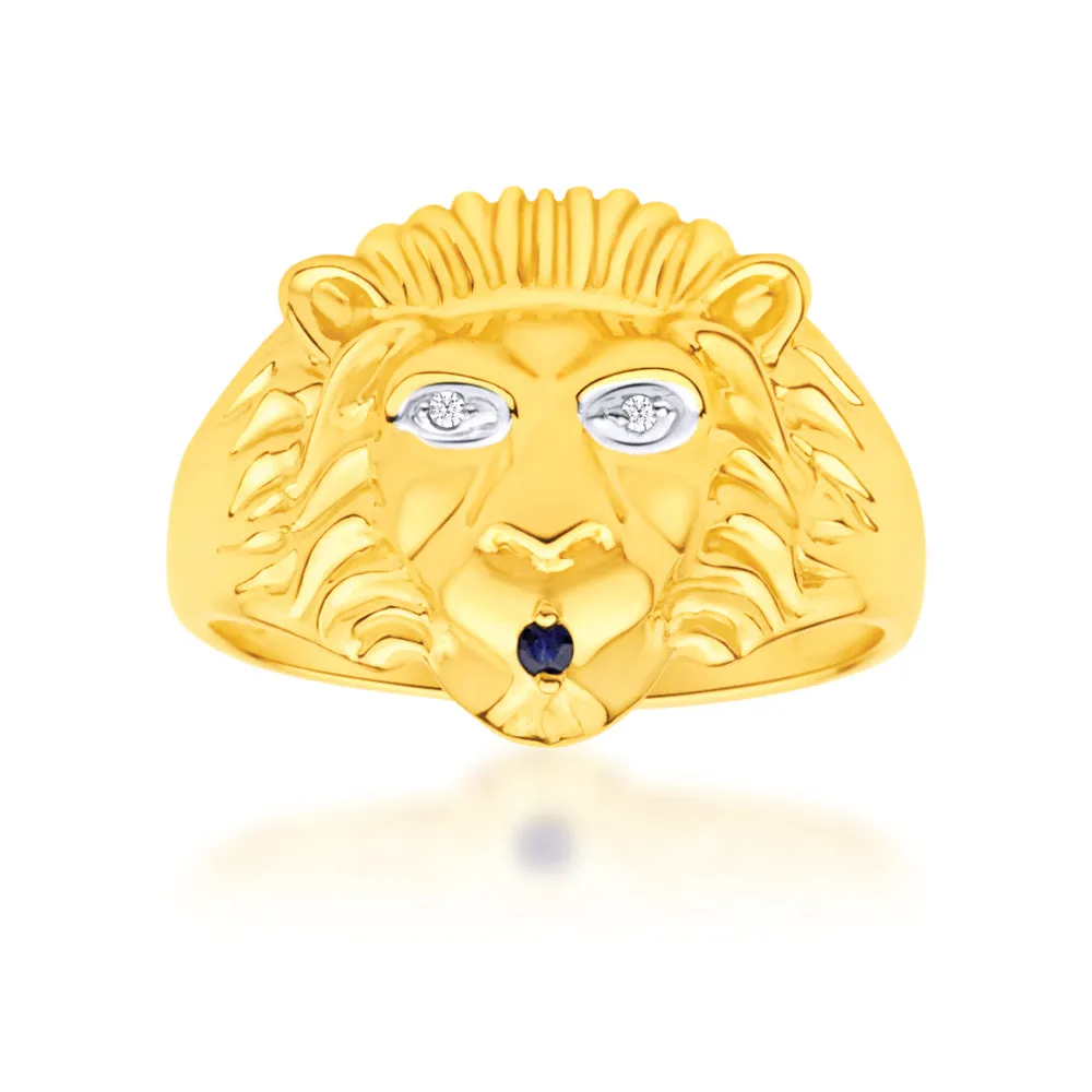 9ct Yellow Gold Lion Head Diamond and Sapphire Gents Ring Shiels