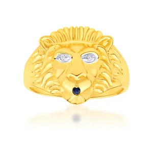 9ct Yellow Gold Lion Head Diamond and Sapphire Gents Ring Shiels