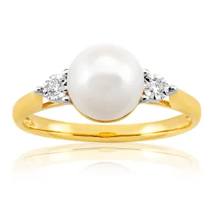 9ct Yellow Gold Magnificent 2 Diamonds   Pearl Ring Shiels