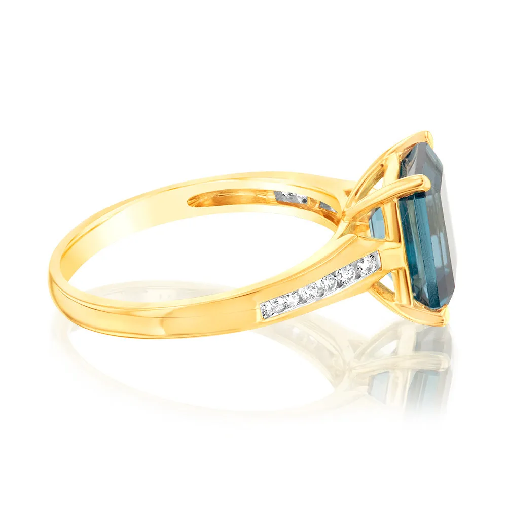 9ct Yellow Gold Natural London Blue Topaz and Channel Set Diamond Ring Shiels
