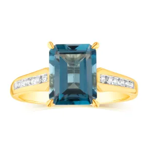 9ct Yellow Gold Natural London Blue Topaz and Channel Set Diamond Ring Shiels