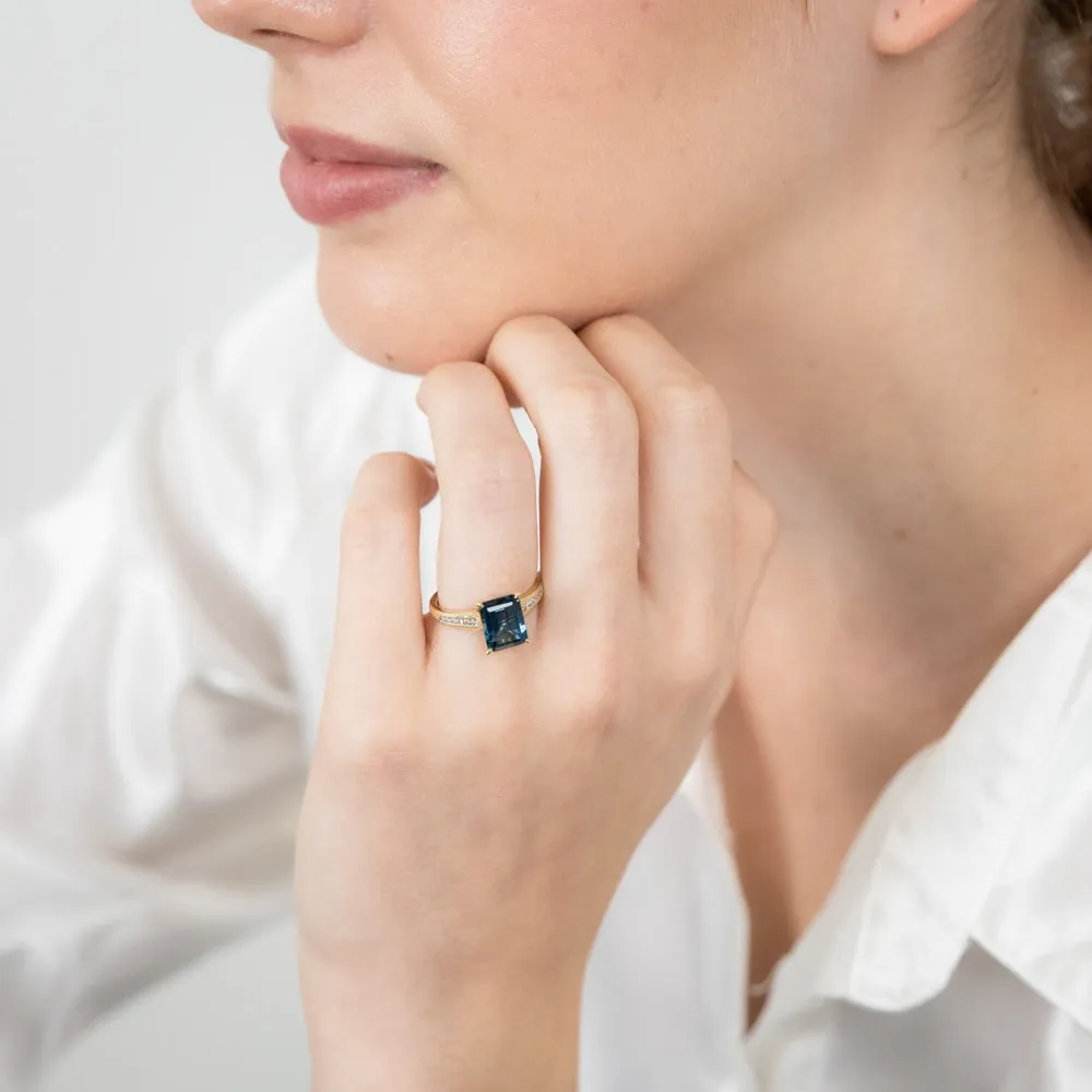 9ct Yellow Gold Natural London Blue Topaz and Channel Set Diamond Ring Shiels