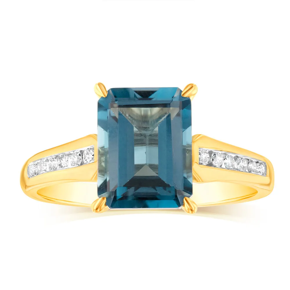 9ct Yellow Gold Natural London Blue Topaz and Channel Set Diamond Ring Shiels