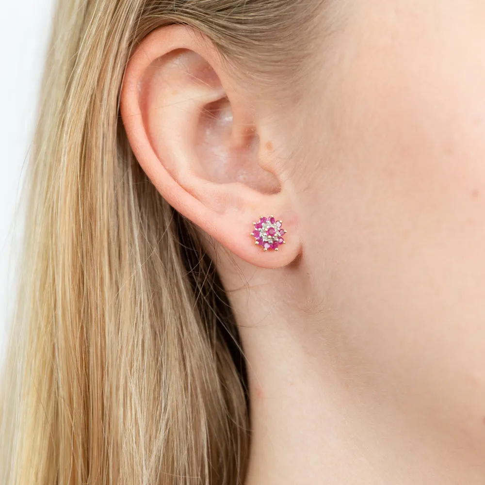 9ct Yellow Gold Natural Ruby and Diamond Flower Cluster Stud Earrings Shiels