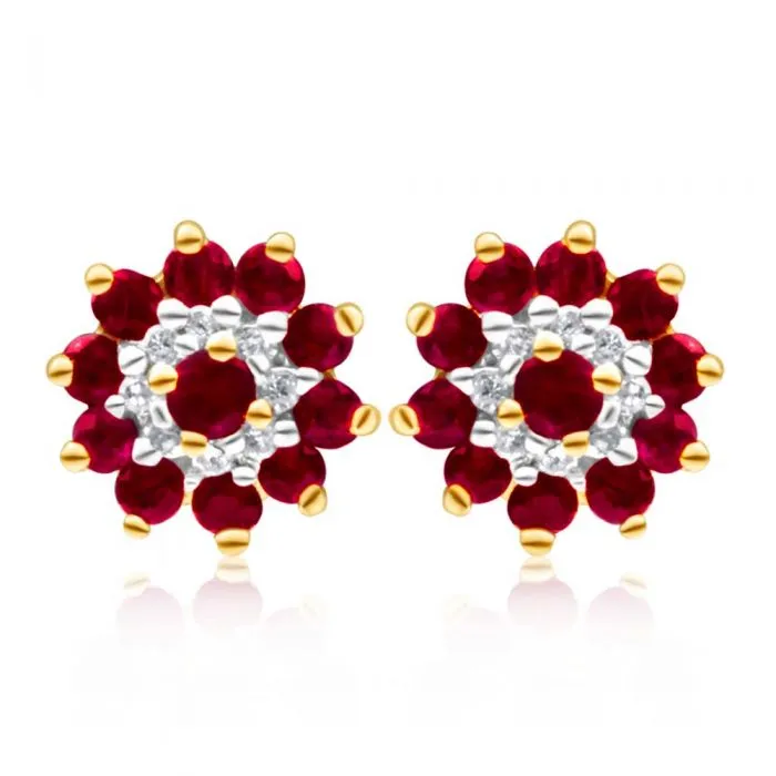 9ct Yellow Gold Natural Ruby and Diamond Flower Cluster Stud Earrings Shiels