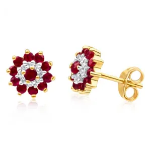 9ct Yellow Gold Natural Ruby and Diamond Flower Cluster Stud Earrings Shiels