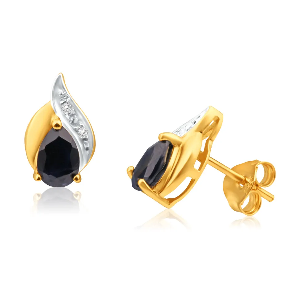 9ct Yellow Gold Natural Sapphire and Diamond Flame Stud Earrings Shiels