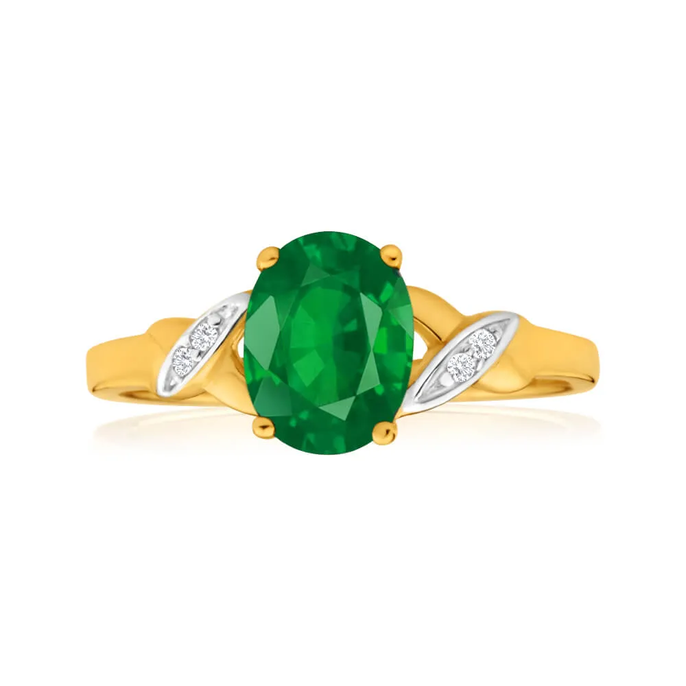 9ct Yellow Gold Oval Created Emerald   Diamond Ring Shiels