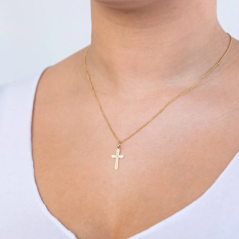 9ct Yellow Gold Plain & Diamond Cut 17mm Cross Pendant Shiels