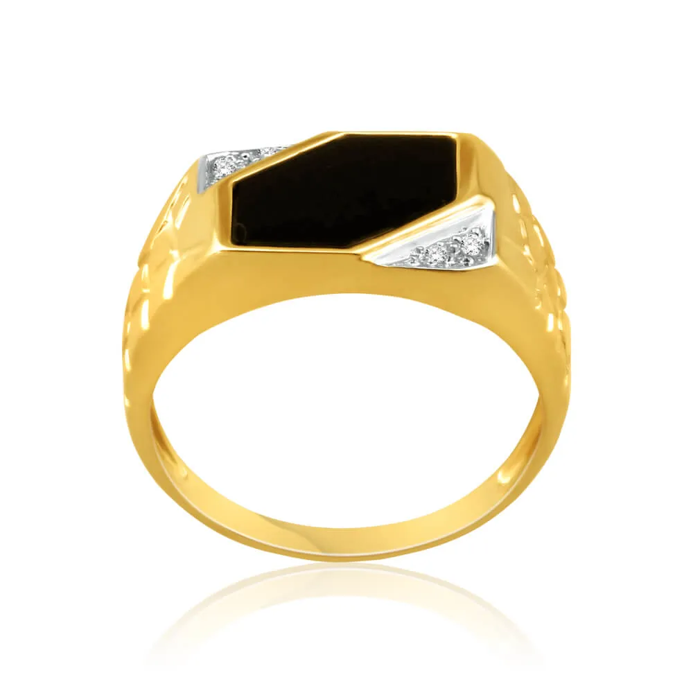 9ct Yellow Gold Plain Onyx and Diamond Patterned Side Gents Ring Shiels