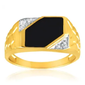 9ct Yellow Gold Plain Onyx and Diamond Patterned Side Gents Ring Shiels