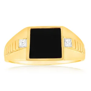 9ct yellow Gold Ring in 1Black Agate & 2Diamonds Shiels
