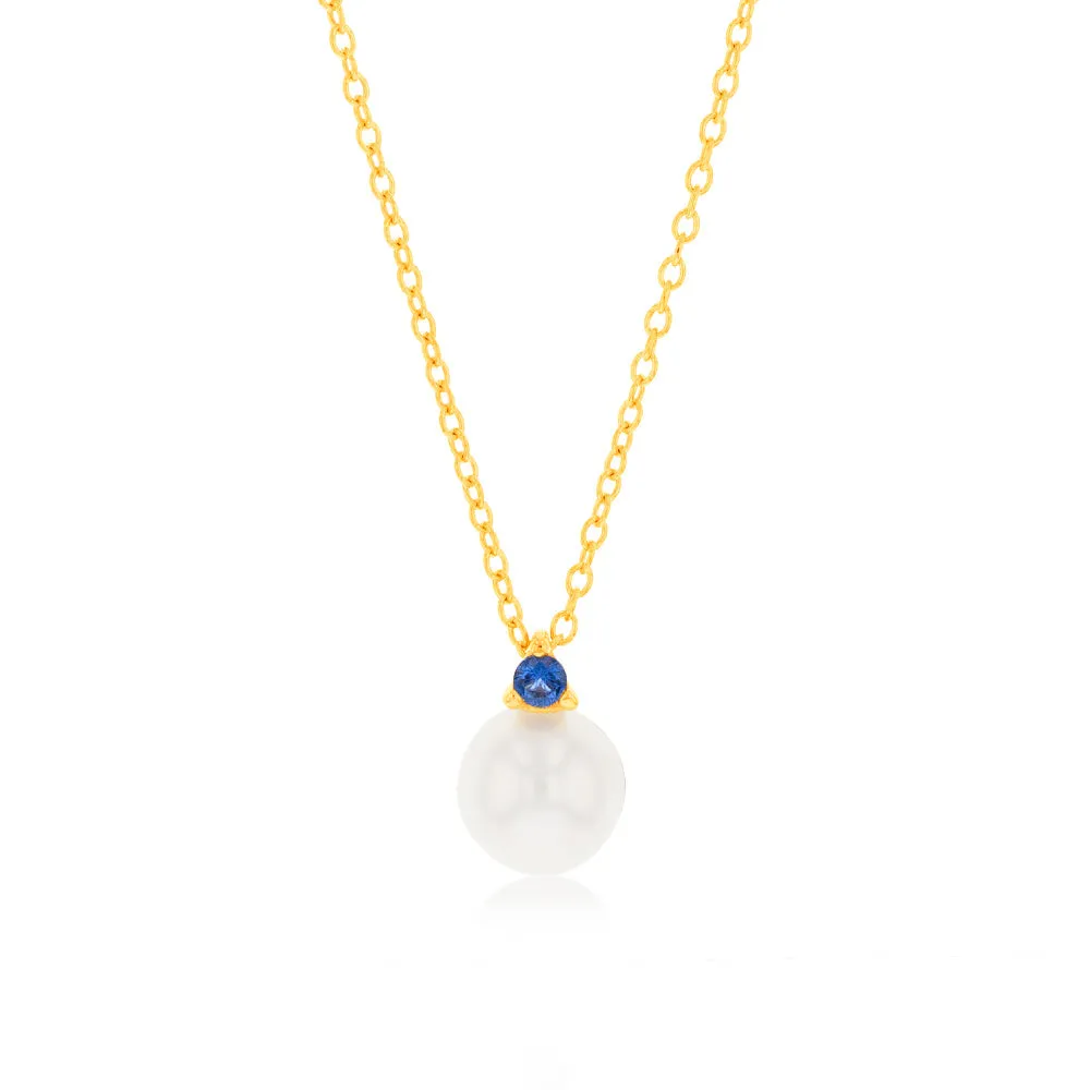 9ct Yellow Gold Sapphire Blue Zirconia And Fresh Water Pearl Pendant On Chain Shiels