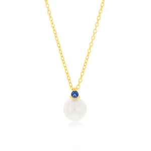 9ct Yellow Gold Sapphire Blue Zirconia And Fresh Water Pearl Pendant On Chain Shiels
