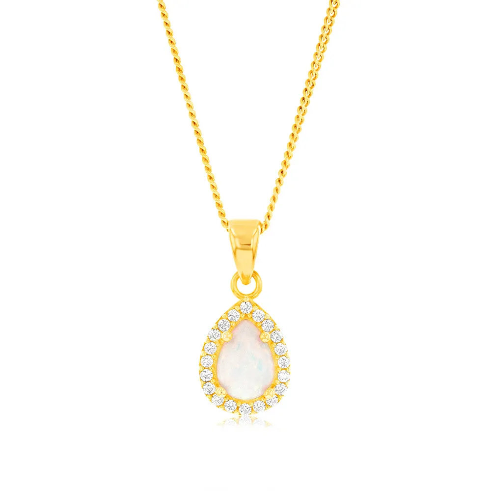 9ct Yellow Gold Teardrop Created Opal And Zirconia Pendant Shiels