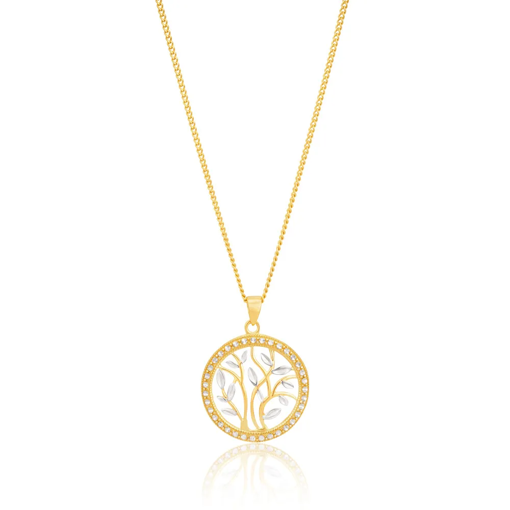 9ct Yellow Gold Two-Tone Leaf Pendant with Milgran and Diamond Cutting feature Shiels