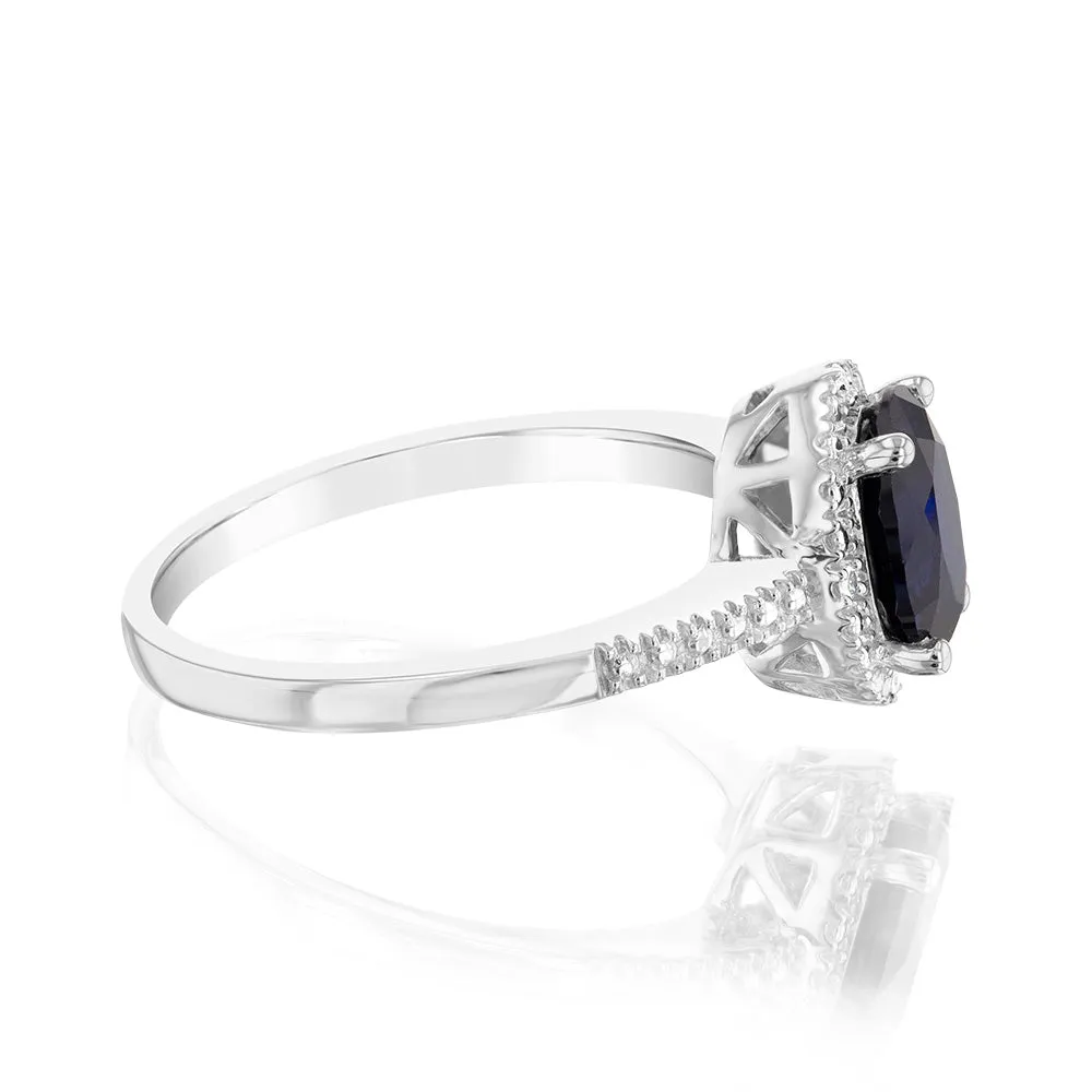 Created Sapphire 1.40 Carats Sterling Silver 4 Diamond Oval Shaped Ring Shiels