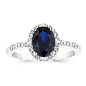 Created Sapphire 1.40 Carats Sterling Silver 4 Diamond Oval Shaped Ring Shiels
