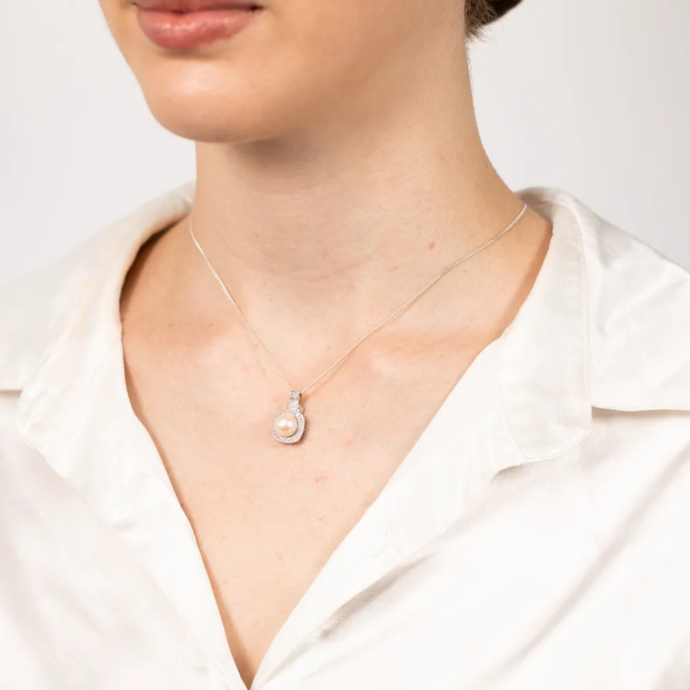 Cultured Pearl & 05Pts Diamond Pendant In Sterling Silver Shiels