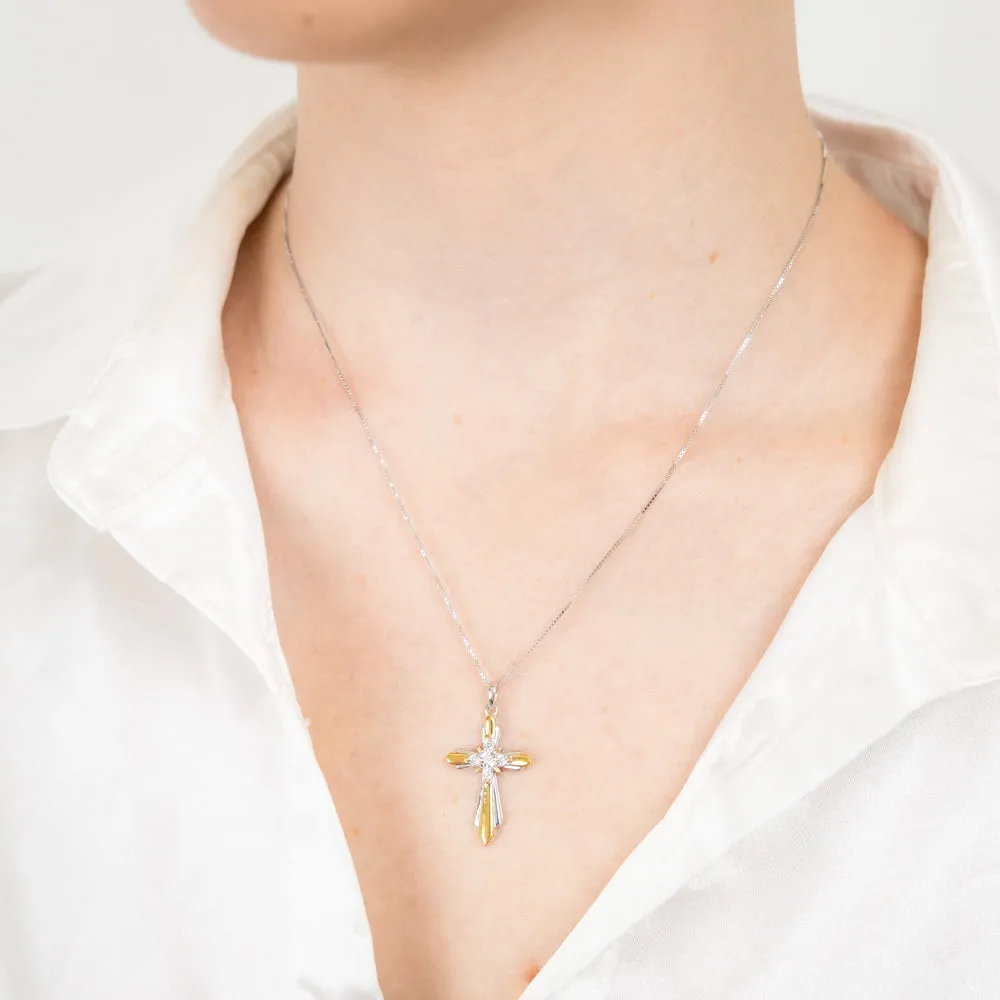 Gold Plated Sterling Silver Cross Diamond Pendant with 5 Round Diamonds on 46cm Chain Shiels