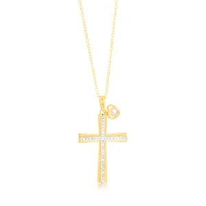 Gold Plated Sterling Silver Religious Cross and Heart Pendant on 46cm Chain Shiels