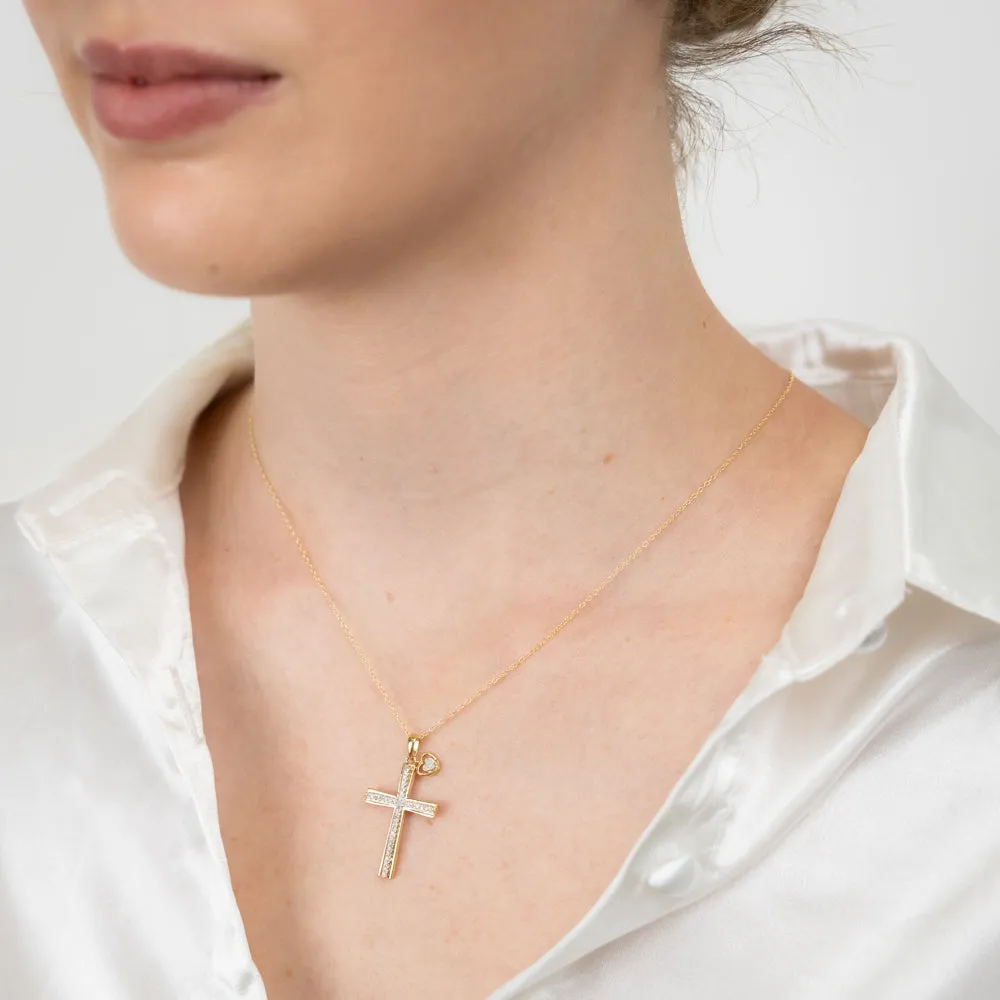 Gold Plated Sterling Silver Religious Cross and Heart Pendant on 46cm Chain Shiels