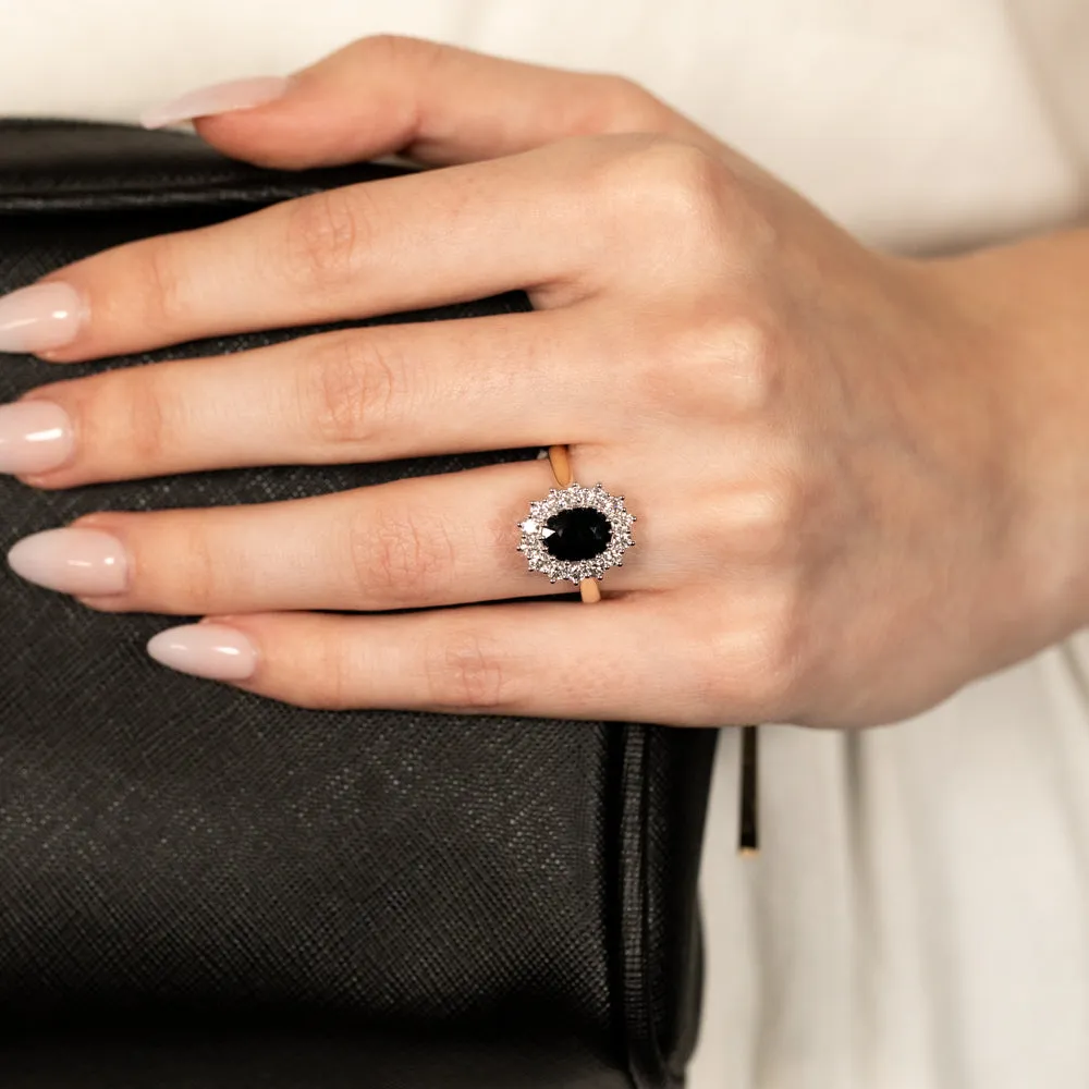 Luminesce Lab Grown 9ct Yellow Gold 0.70 Carat Diamond & 2.6ct Natural Black Sapphire 9x7mm Ring Shiels