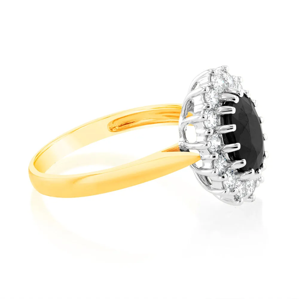 Luminesce Lab Grown 9ct Yellow Gold 0.70 Carat Diamond & 2.6ct Natural Black Sapphire 9x7mm Ring Shiels