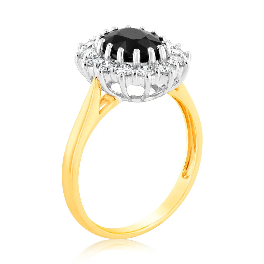 Luminesce Lab Grown 9ct Yellow Gold 0.70 Carat Diamond & 2.6ct Natural Black Sapphire 9x7mm Ring Shiels